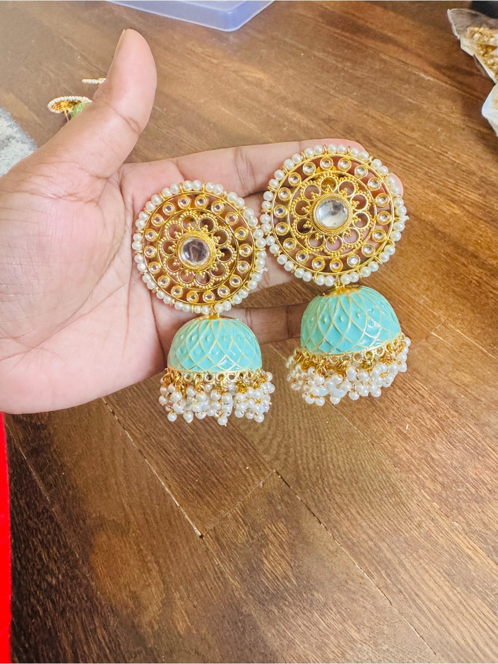 Gold and Mint Green Jhumka Earrings with Pearled Fringe